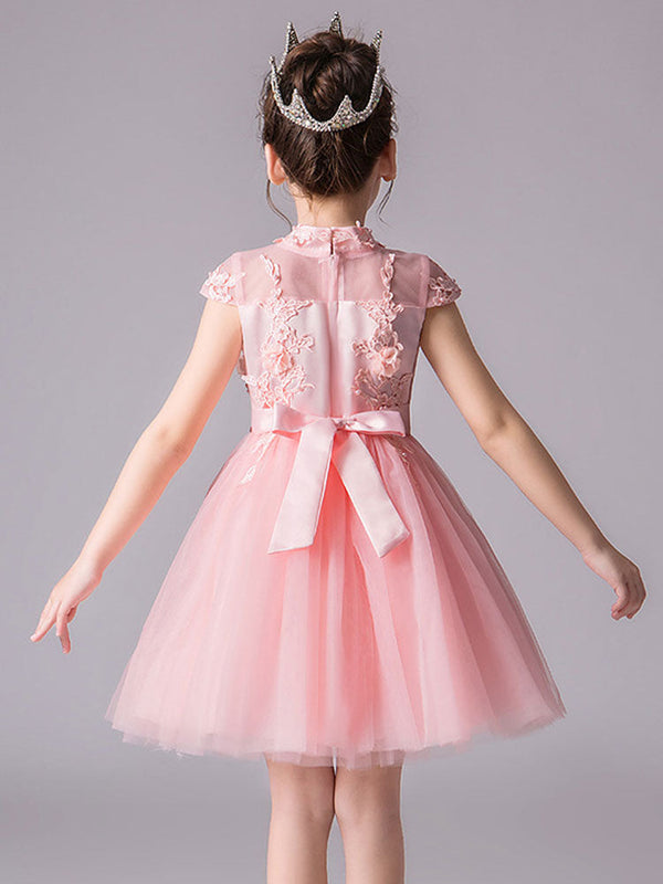 Designed Neckline Sleeveless Bows Kids Social Party Dresses