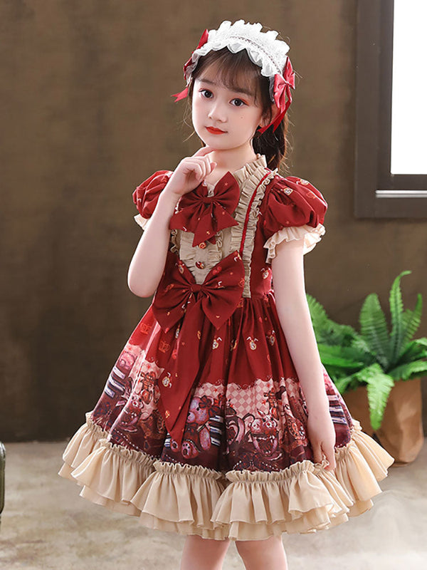 Designed Neckline Tulle Short Sleeves Short A-Line Bows Red Kids Party Dresses