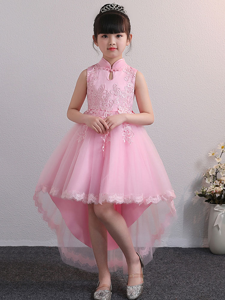 Designed Neckline Tulle Sleeveless Short High Low Princess Embroidered Kids Party Dresses