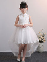 Designed Neckline Tulle Sleeveless Short High Low Princess Embroidered Kids Party Dresses