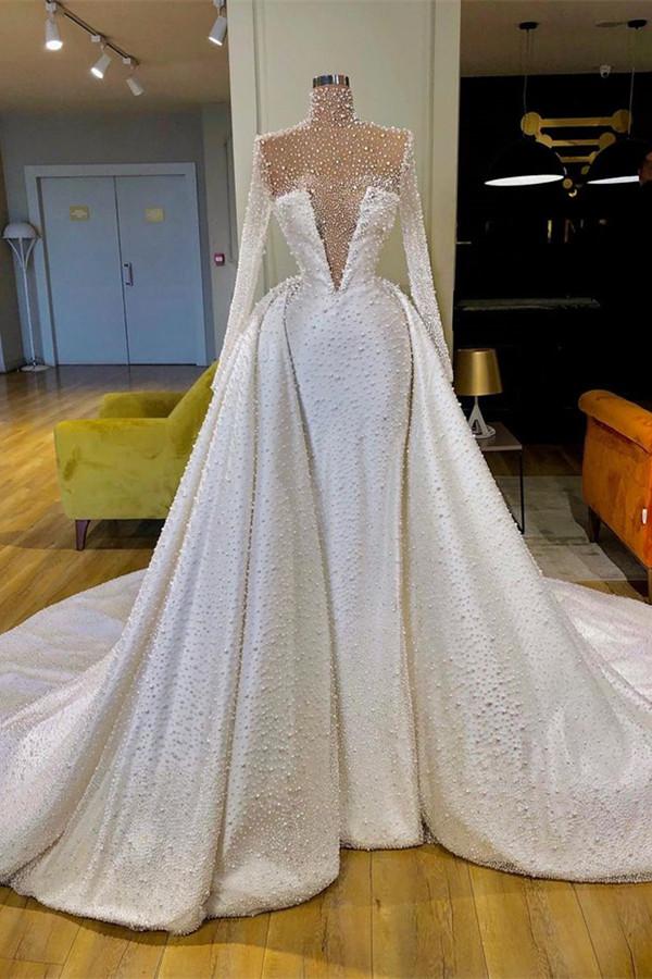 Designer High-Neck Long Sleevess Pearls Wedding Dress With Detachable Skirt