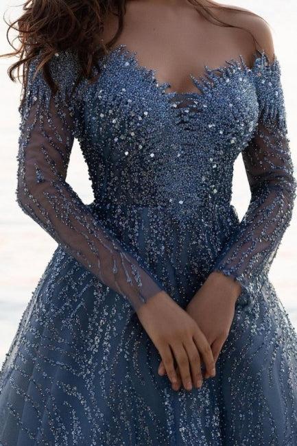 Dusty Blue Sequined A-Line Long Sleeves Sweetheart Prom Dress