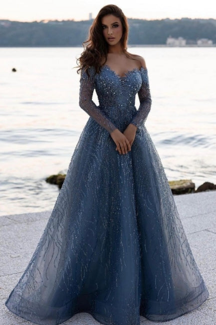 Dusty Blue Sequined A-Line Long Sleeves Sweetheart Prom Dress