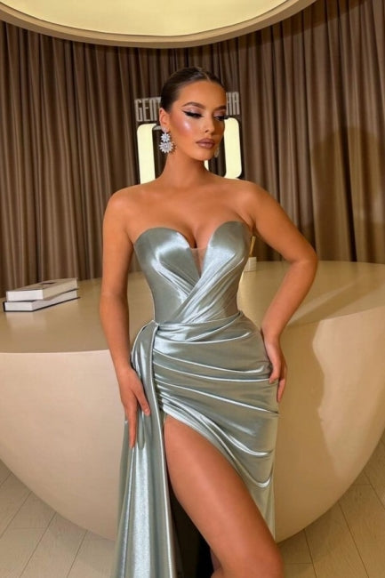Dusty Blue Strapless Sweetheart Front Slit Satin Prom Dress with Ruffles