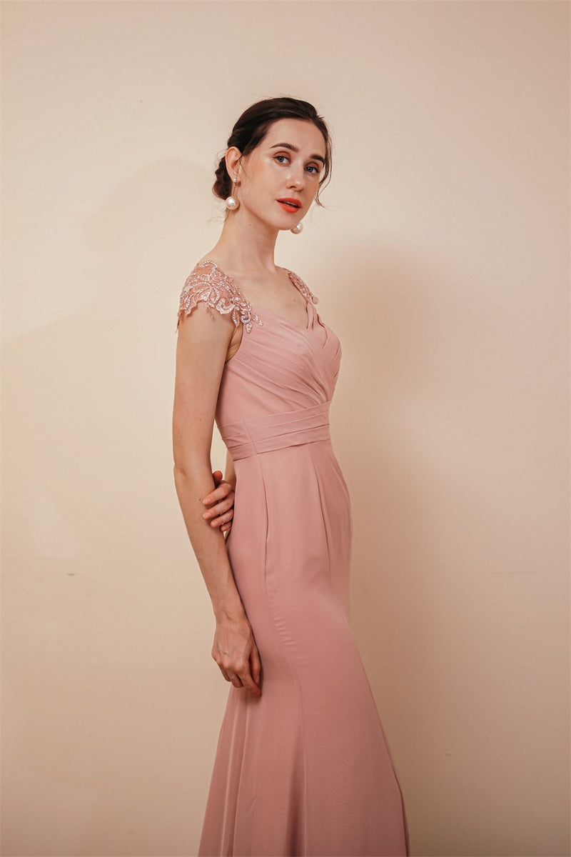 Dusty Pink Cap sleeves Chiffon Column Evening Party Gowns