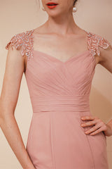 Dusty Pink Cap sleeves Chiffon Column Evening Party Gowns