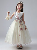 Ecru White Jewel Neck Sleeveless Ankle-Length Princess Dress Tulle Flowers Beaded Embroidered Formal Kids Pageant flower girl dresses