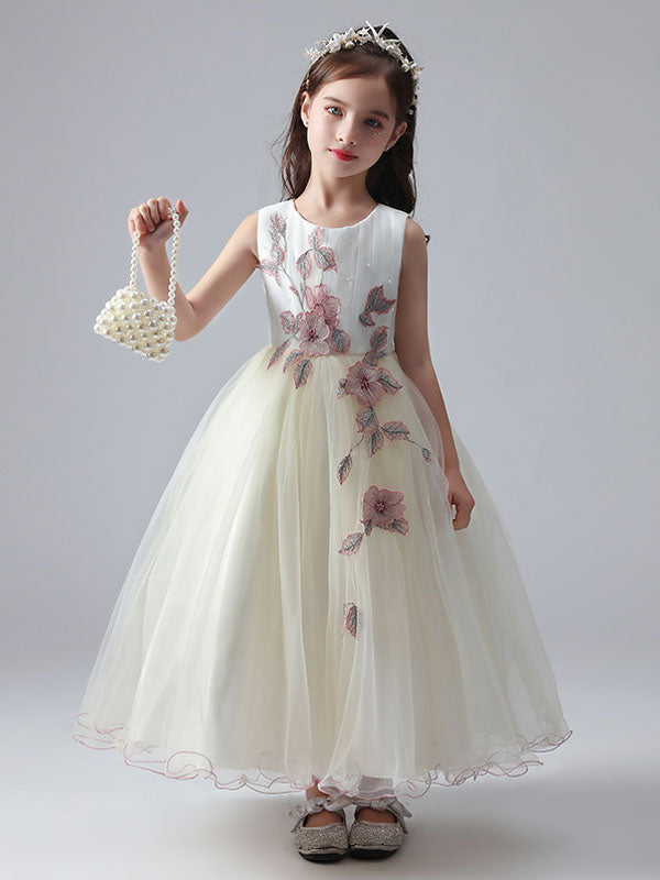 Ecru White Jewel Neck Sleeveless Ankle-Length Princess Dress Tulle Flowers Beaded Embroidered Formal Kids Pageant flower girl dresses