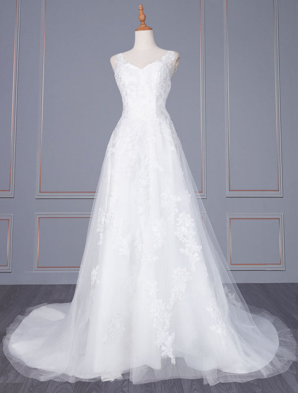 Elegant A-Line Wedding Dresseses With Train Sleeveless Lace Tulle V-Neck Long Bridal Gown
