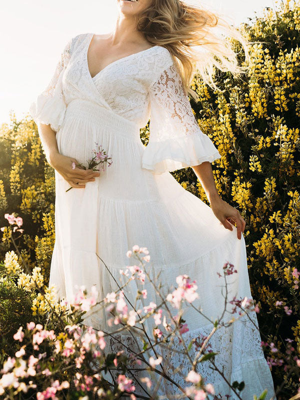 Elegant Bohu Wedding Dresses V-Neck 3/4-Length Sleeve Natural Waist Lace A-Line Floor Length Bridal Wedding Gowns
