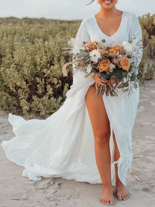 Elegant Bohu Wedding Dresses V-Neck Long Sleeves Backless Lace-Up Natural Waist Lace A-Line Floor Length Bridal Wedding Gowns