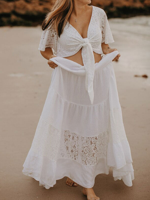 Elegant Bohu Wedding Dresses V-Neck Short Sleeve Natural Waist Lace A-Line Floor Length Bridal Wedding Gowns