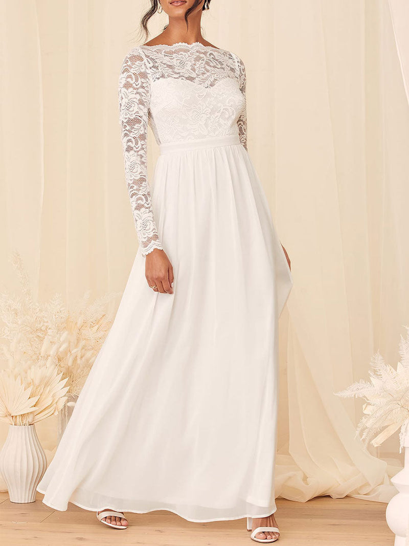Elegant Engagement Dress Bateau Neck Long Sleeves Natural Waist Backless Floor Length A Line Lace Chiffon Engagement Dress