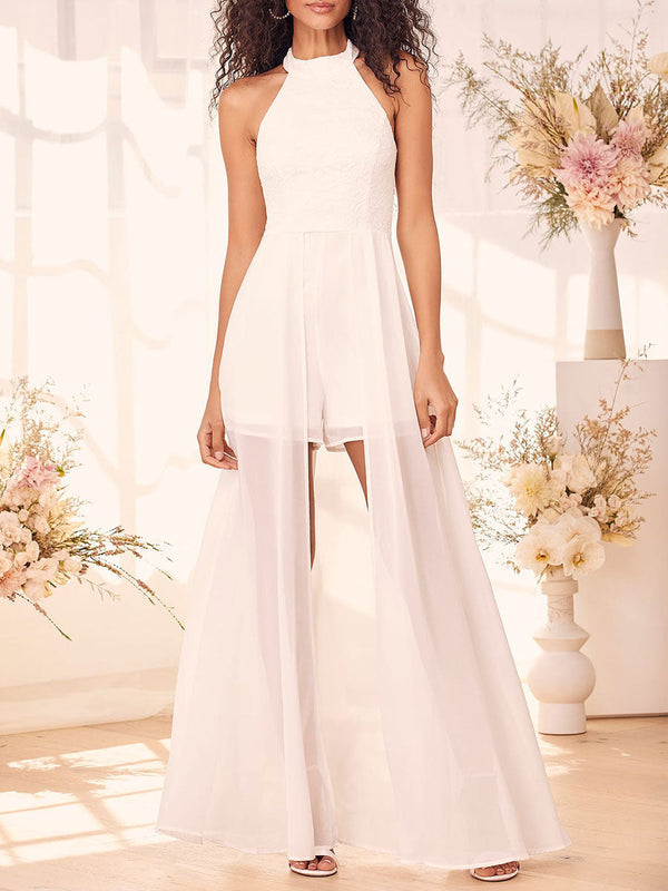 Elegant Engagement Dress Halter Neck Sleeveless Backless Natural Waist Floor Length Engagement Dress