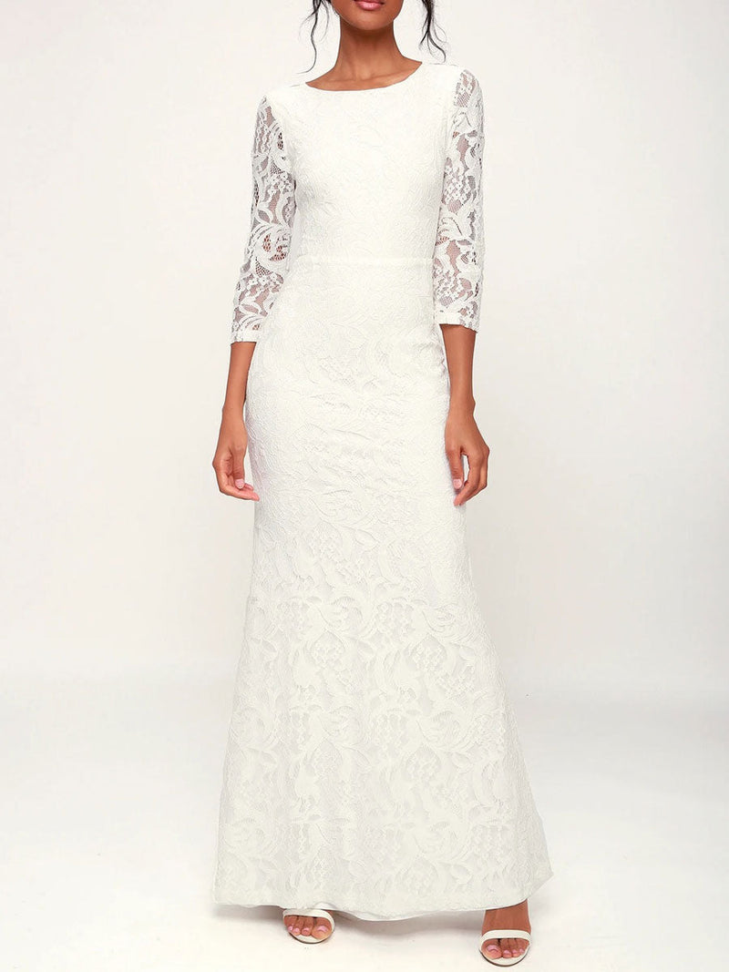 Elegant Engagement Dress Jewel Neck 3/4-Length Sleeves Backless Natural Waist Floor Length Lace Engagement Dress