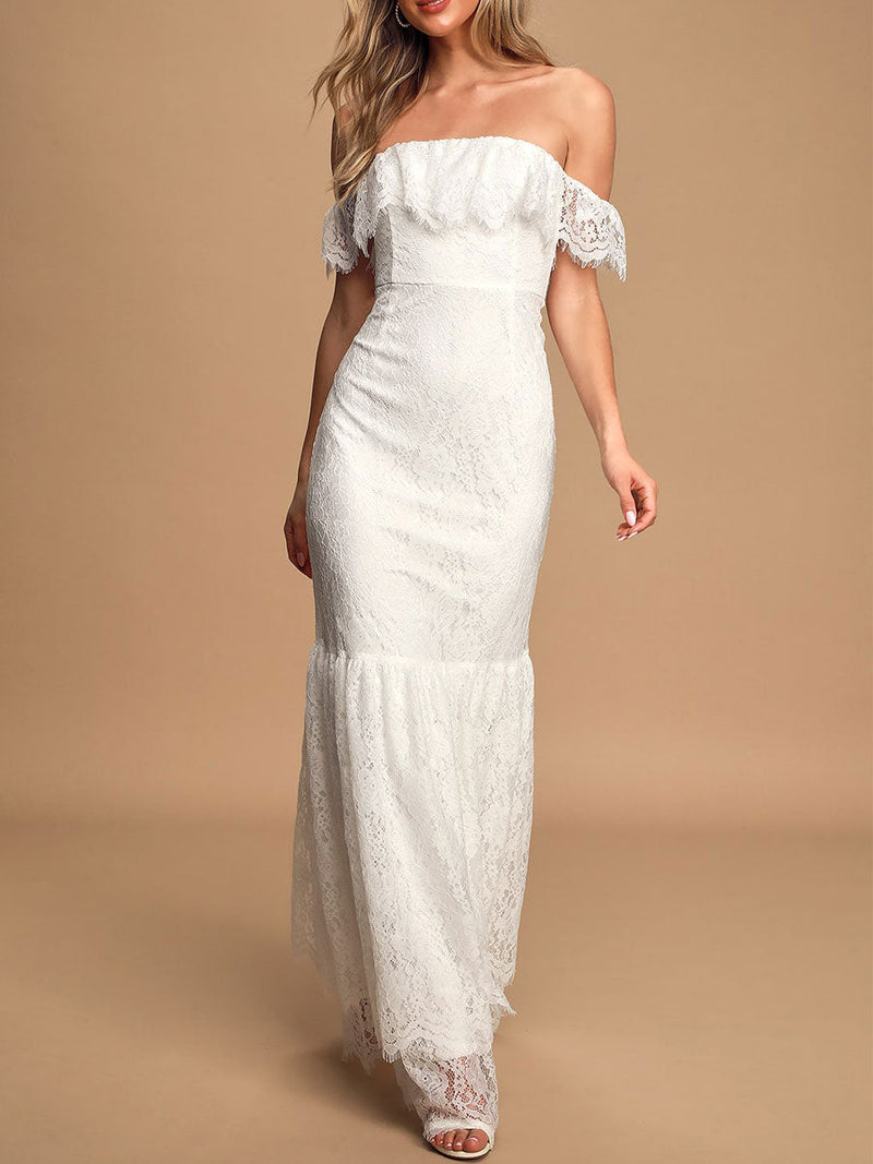 Elegant Engagement Dress Off The Shoulder Sleeveless Backless Natural Waist Floor Length Lace Engagement Dress