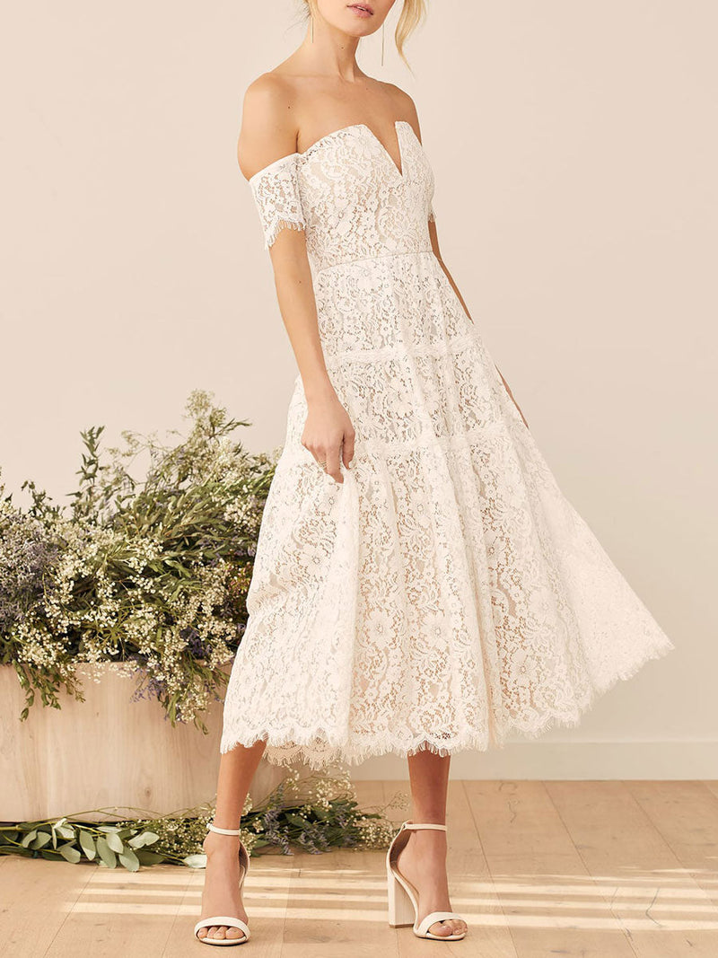 Elegant Engagement Dress Off The Shoulder Sleeveless Backless Natural Waist Lace Tea Length Engagement Dress