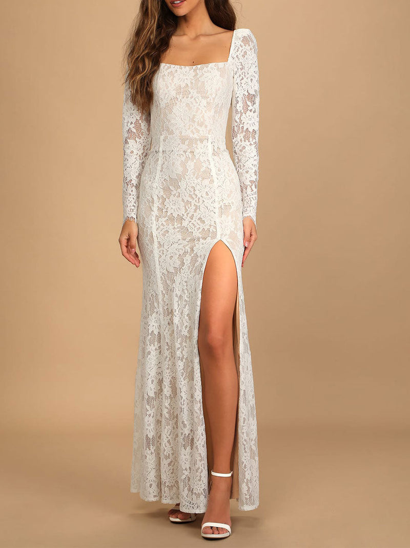 Elegant Engagement Dress Square Neck Long Sleeves Backless Natural Waist Ankle Length Lace Engagement Dress