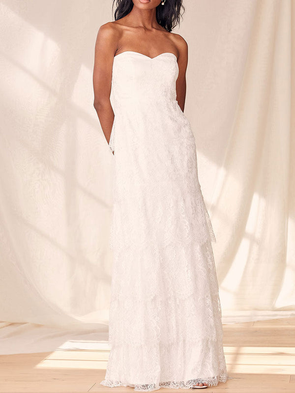 Elegant Engagement Dress Strapless Sleeveless Natural Waist Backless Floor Length Lace Engagement Dress