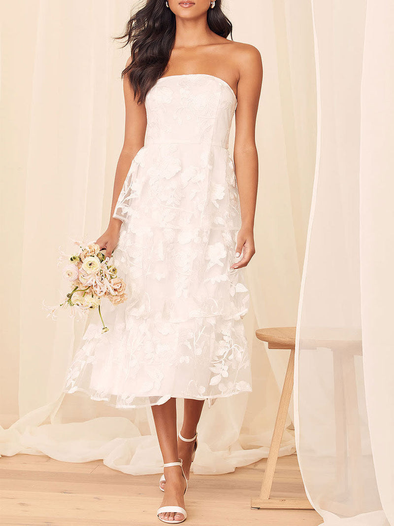 Elegant Engagement Dress Strapless Sleeveless Natural Waist Tea Length Lace Engagement Dress