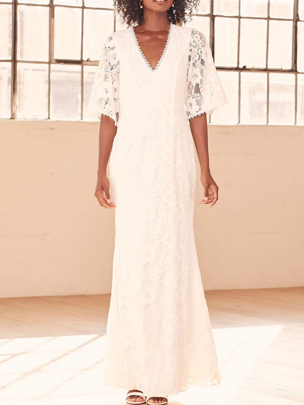 Elegant Engagement Dress V Neck Half Sleeves Natural Waist Floor Length A Line Lace Engagement Dress
