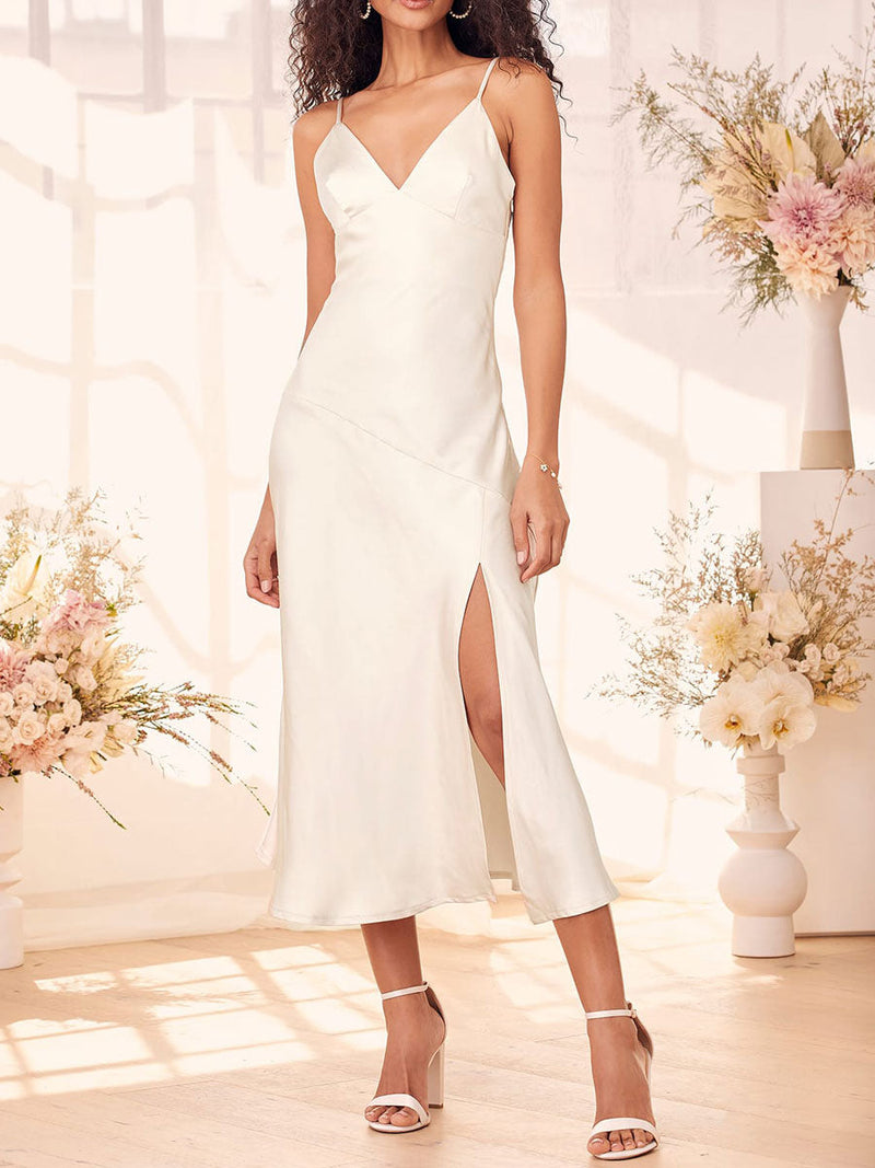 Elegant Engagement Dress V Neck Sleeveless Backless Natural Waist Tea Length A Line Satin Fabric Engagement Dress