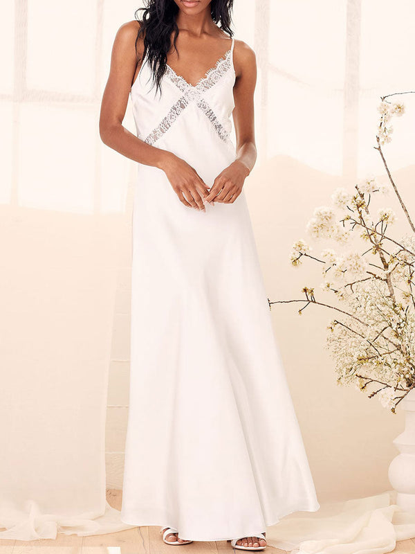 Elegant Engagement Dress V Neck Sleeveless Natural Waist Backless Satin Fabric Floor Length A Line Lace Cut Outs Engagement Dress