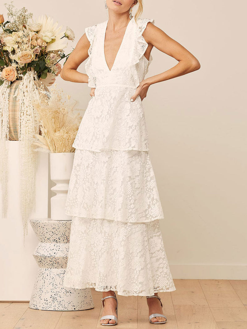 Elegant Engagement Dress V Neck Sleeveless Zipper Natural Waist Ankle Length Lace Engagement Dress