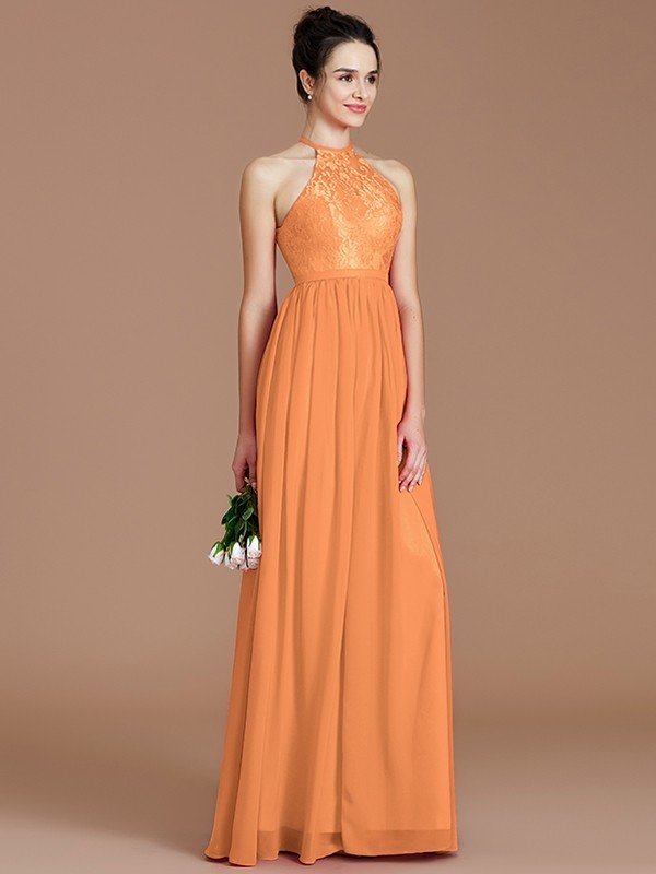 Elegant Halter Sleeveless Lace Chiffon Bridesmaid Dresses