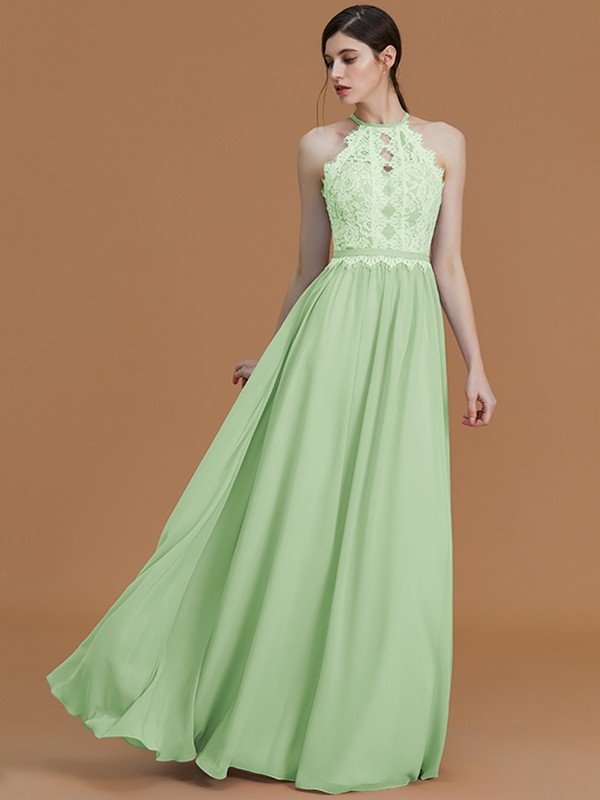 Elegant Halter Sleeveless Lace Chiffon Bridesmaid Dresses