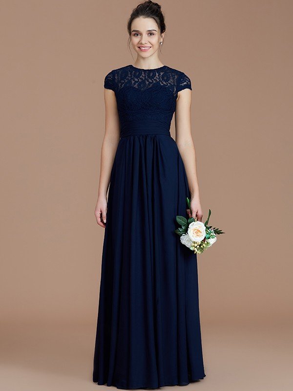 Elegant Jewel Short Sleeves Lace Chiffon Bridesmaid Dresses