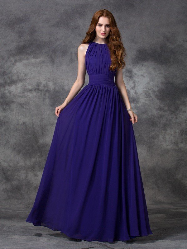 Elegant Jewel Sleeveless Long Chiffon Bridesmaid Dresses