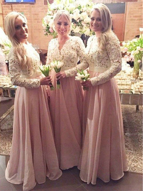 Elegant Long Sleeves V-neck Lace Chiffon Bridesmaid Dresses