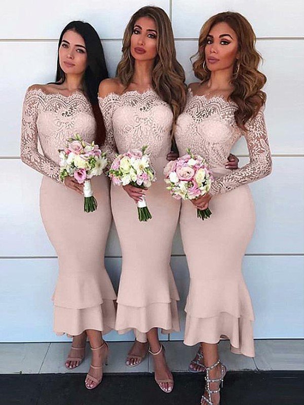 Elegant Off-the-Shoulder Long Sleeves Ankle-Length Lace Stretch Crepe Bridesmaid Dresses