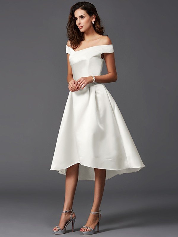 Elegant Off-the-Shoulder Sleeveless High Low Satin Bridesmaid Dresses