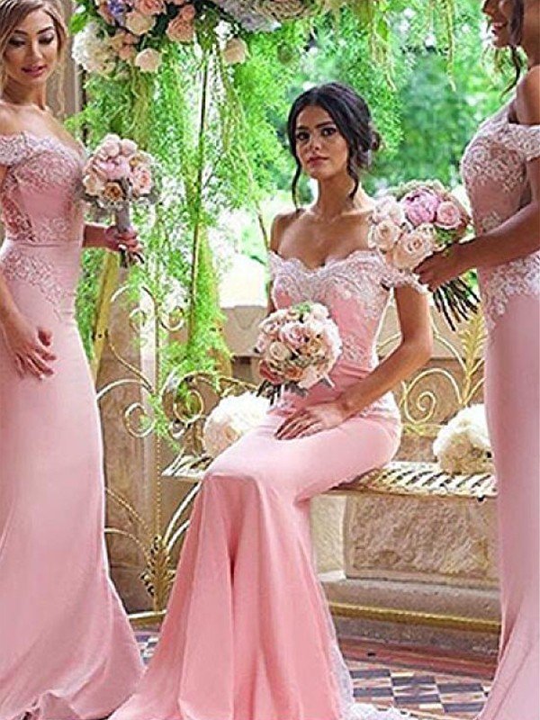 Elegant Off-the-Shoulder Sleeveless Lace Satin Bridesmaid Dresses