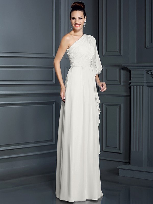 Elegant One Shoulder 3/4 Sleeves Long Chiffon Bridesmaid Dresses