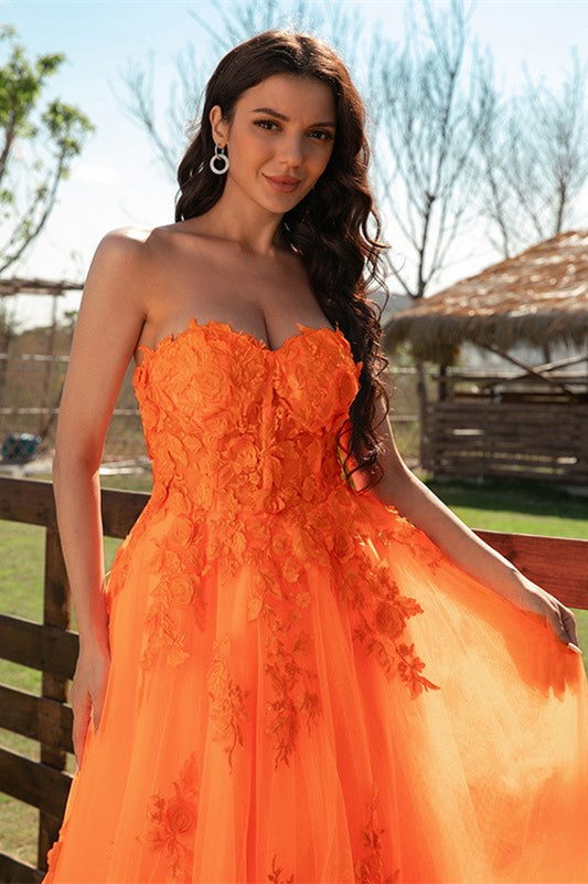 Elegant Orange Sweetheart Long Evening Dress With Lace