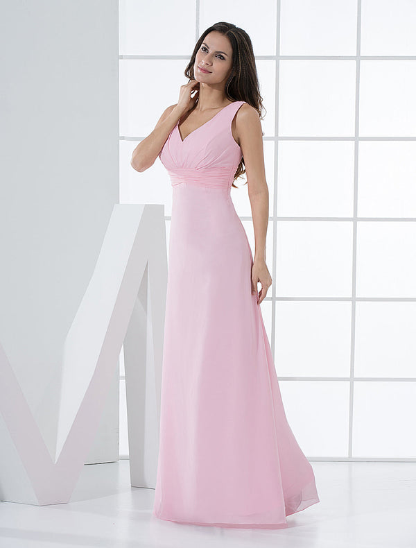 Elegant Pink Deep-V Ruched Chiffon Bridesmaid Dress