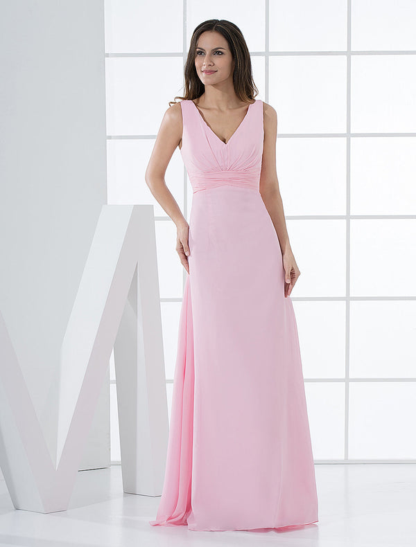 Elegant Pink Deep-V Ruched Chiffon Bridesmaid Dress