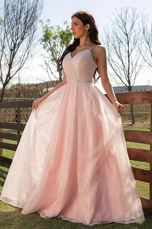 Elegant Pink Sleeveless Ruched Long Evening Dress Online