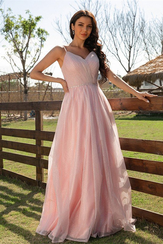 Elegant Pink Sleeveless Ruched Long Evening Dress Online