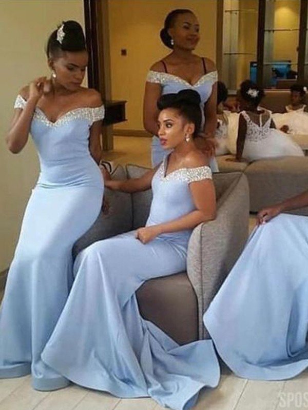 Elegant Satin Off-the-Shoulder Beading Sleeveless Bridesmaid Dresses
