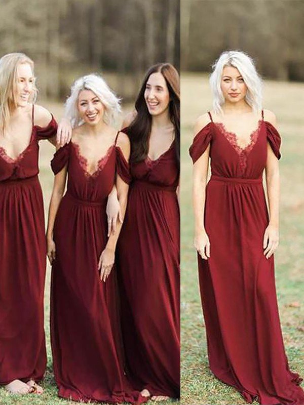 Elegant Spaghetti Straps Sleeveless Lace Chiffon Bridesmaid Dresses