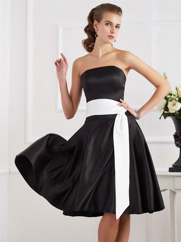 Elegant Strapless Sleeveless Sash/Ribbon/Belt Short Satin Bridesmaid Dresses