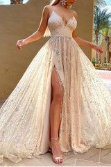 Elegant V-Neck Prom Dress Sequins Long Ball Dresses Split Spaghetti-Straps