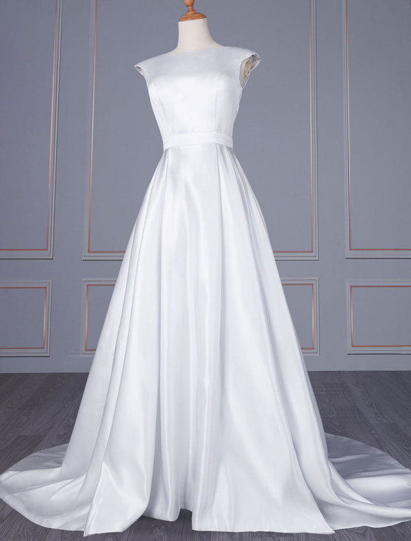 Elegant Wedding Dresses A Line Jewel Neck Sleeveless Natural Waist Zipper Satin Fabric Sash Bridal Gown