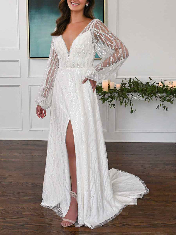 Elegant Wedding Dresses A-Line V-Neck Long Sleeves Backless Split Front Lace Bridal Gown