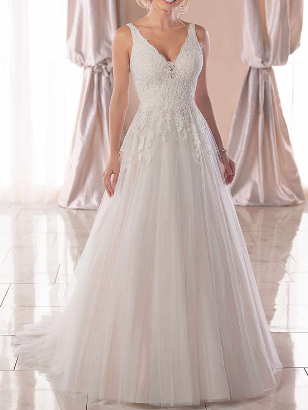 Elegant Wedding Dresses A-Line V-Neck Sleeveless Backless Lace Bridal Dresses