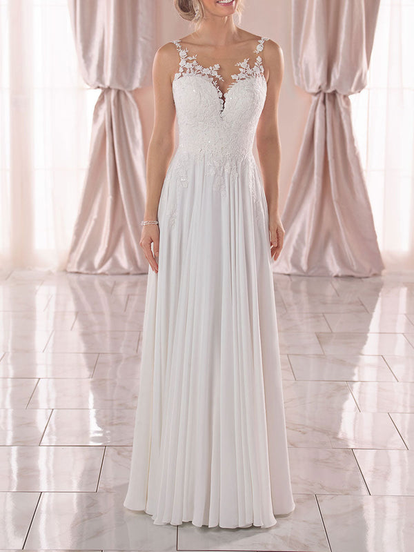 Elegant Wedding Dresses A-Line V-Neck Sleeveless Backless Long Lace Bridal Gown